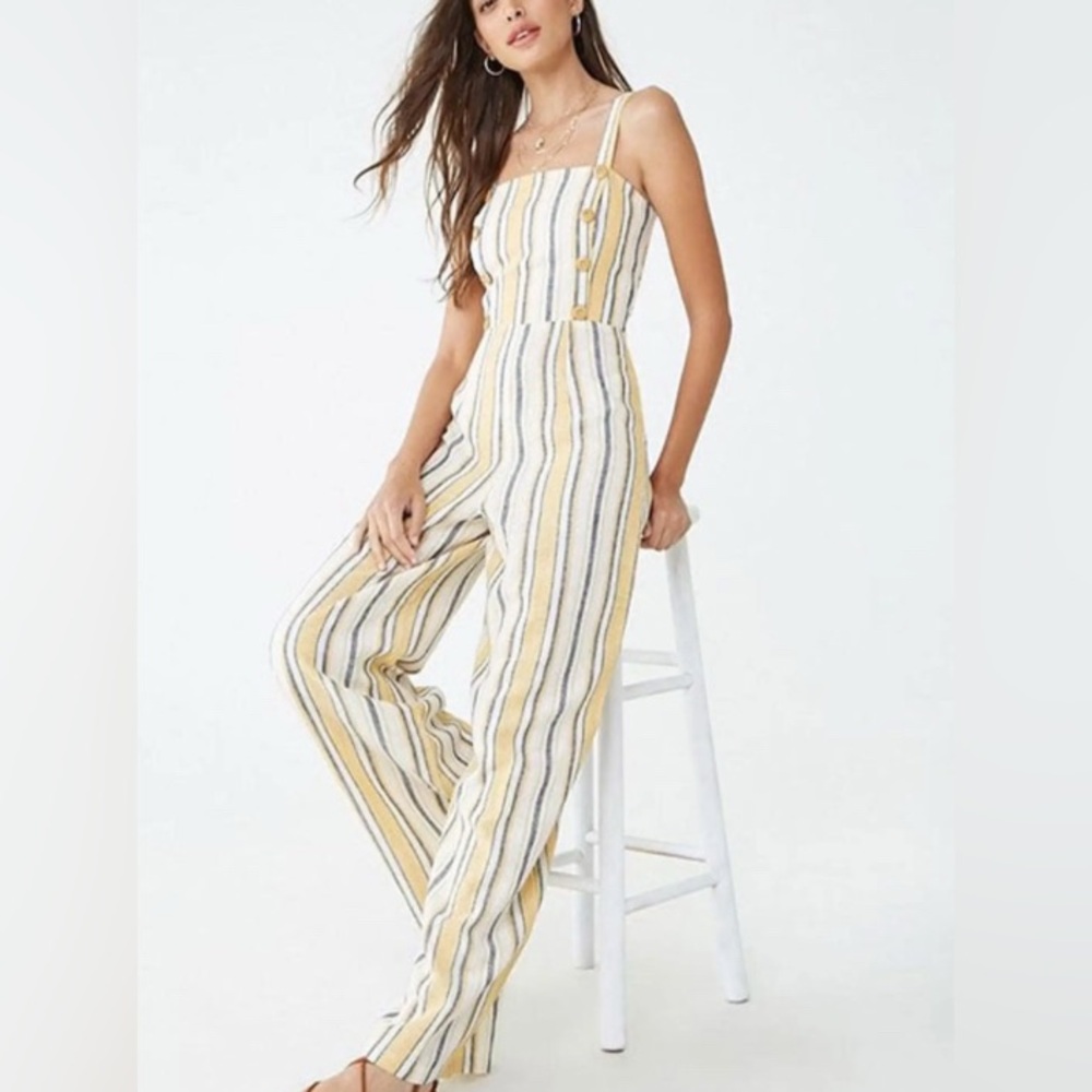 Papermoon Striped Jumpsuit Size medium, Rayon Linen, Yellow, Blue, White